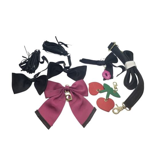 Betsey Johnson Bow Charm Purse Accessories Lot Black Pink Strap Cherry Keychain - Picture 2 of 6